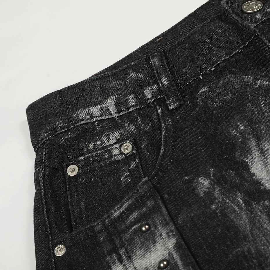 Streetwear Rivet Patchwork Black Wide Leg Jeans
