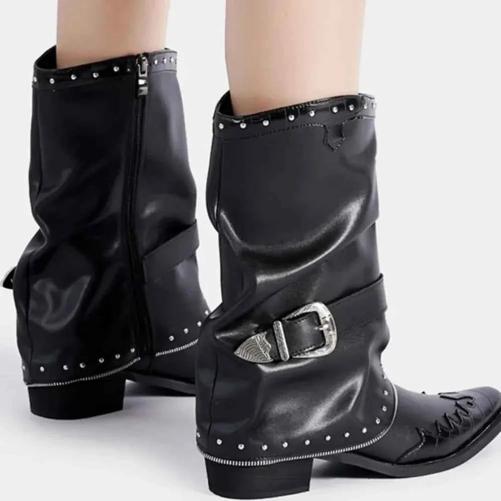 Punk Motorcycle Rivets Black Cowboy Boots