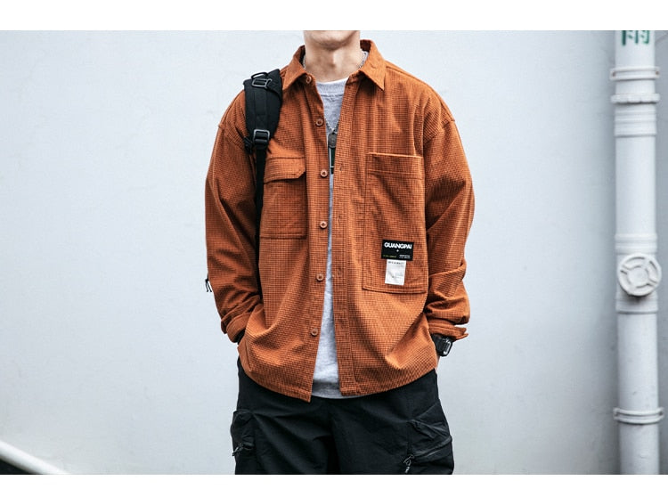 Corduroy Waffle Plaid Semi Collar Overshirt