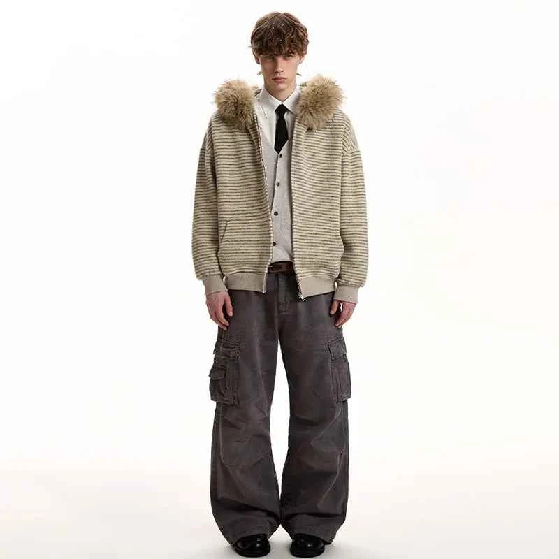 Streetwear Striped Fur Hooded Knit Cardigan