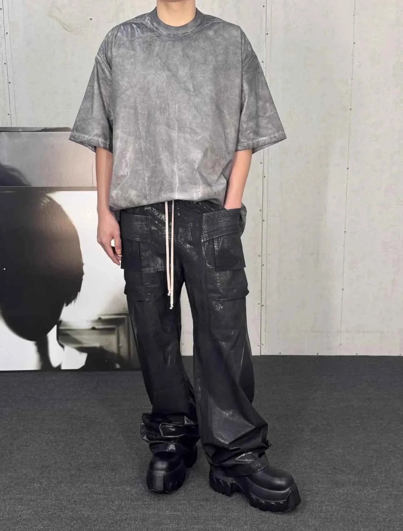 Streetwear Wide Leg Workwear Leather Cargo Pants