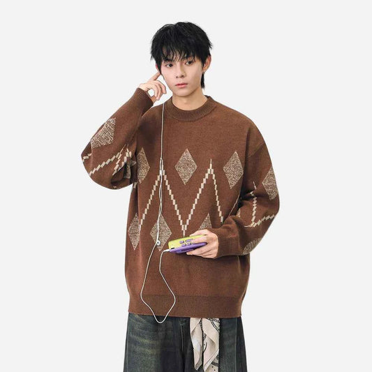 Cozy Argyle Knit Crew Neck Classic Sweater