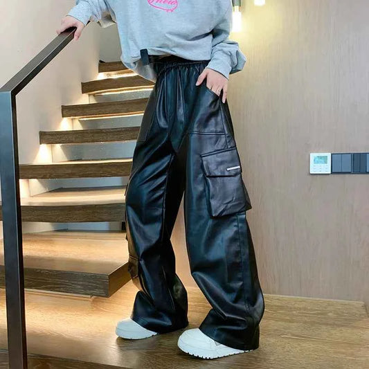 Windproof Elastic Waist Cargo Leather Motorcycle Pants