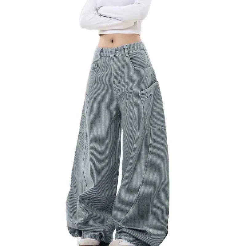 Y2K Striped Curved Knife Wide Leg Cargo Jeans