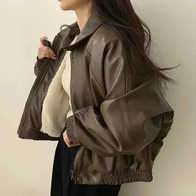 Warm Retro Minimalist Suede Lapel Leather Jacket