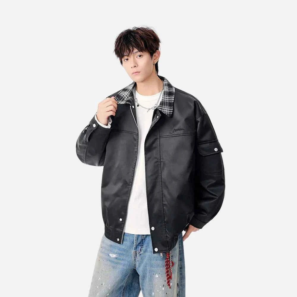 Warm Contrast Plaid Collar Button Up Leather Jacket
