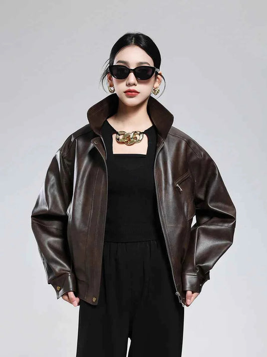 Casual Luxury Distressed Brown PU Leather Jacket