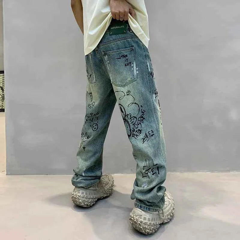 Men Personalized Graffiti Printing Casual Jeans