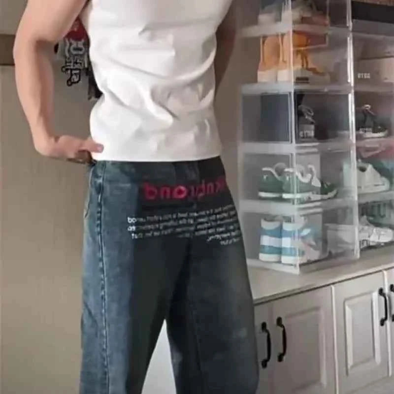 Retro Korean Letter Printed Wide Leg Jeans