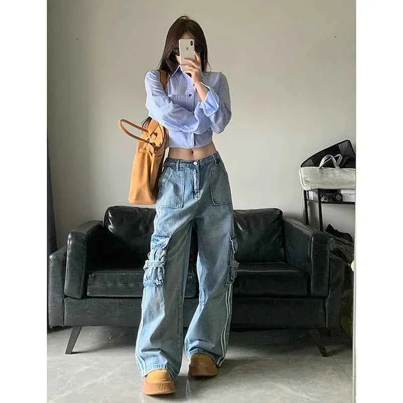 Women Retro Comfort Vintage Blue High Waist Cargo Jeans