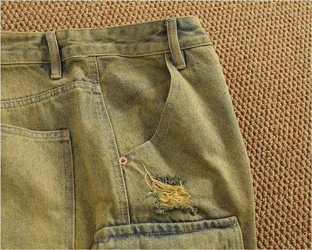 Yellow Distressed Washed Denim Cargo Short