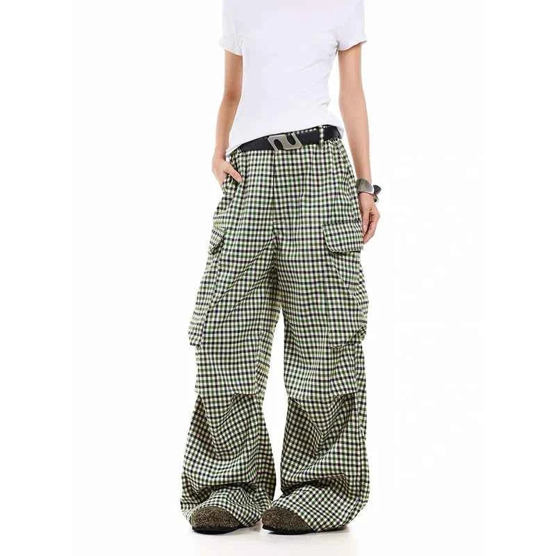 Fashionable Streetwear Plaid Loose Wide Leg Cargo Pants