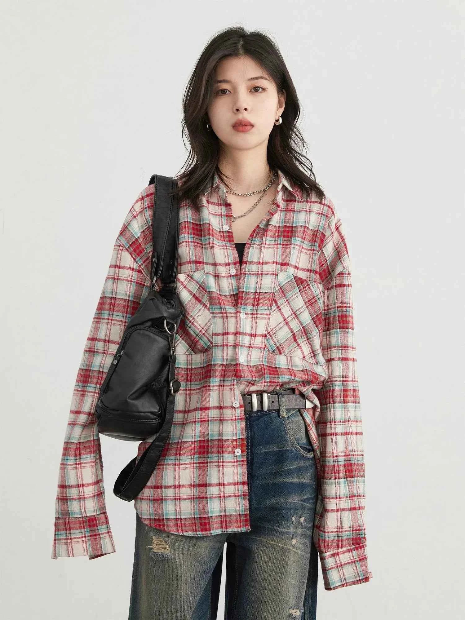 Women Streetwear Cool Color Blocked Grid Chic Cotton Shirt