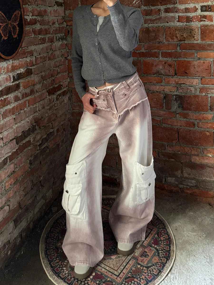 Durable High Waist Raw Edge Wide Leg Cargo Jeans