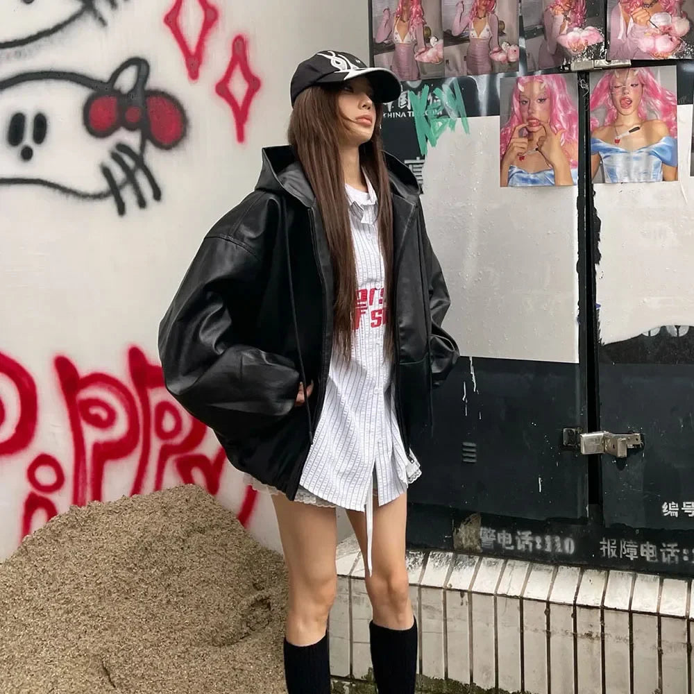 PU Leather Loose Black Jacket