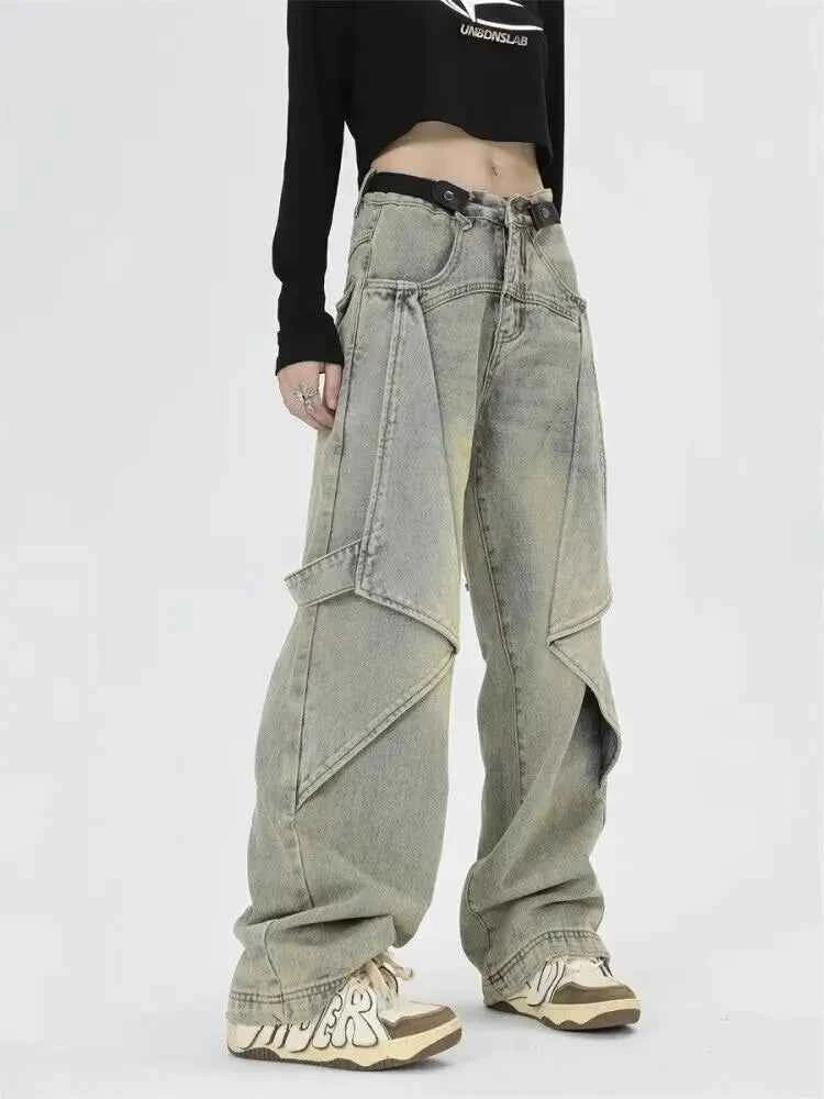 Snuggle-Ready Patchwork Denim Wide Leg Jeans