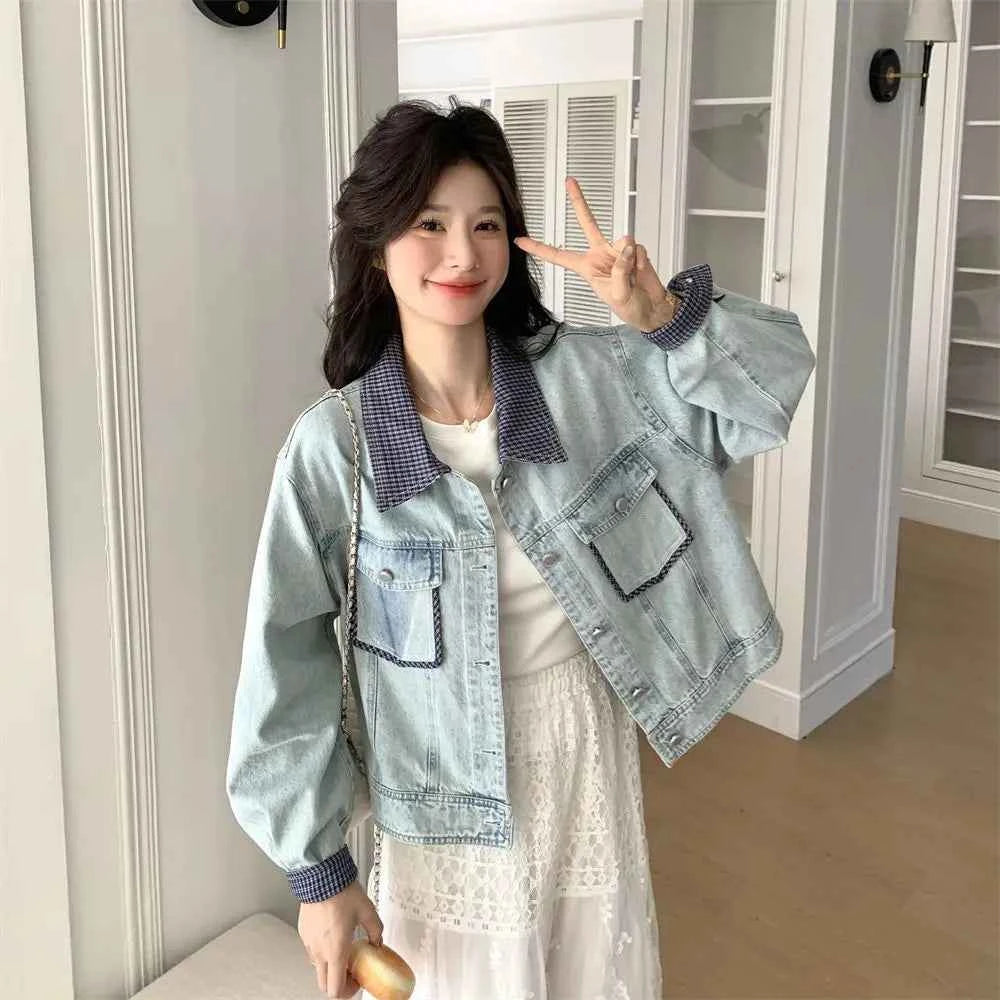Women Retro Grid Splicing Denim Jacket