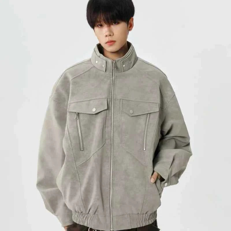 Solid Color Stand Collar Zipper Jacket