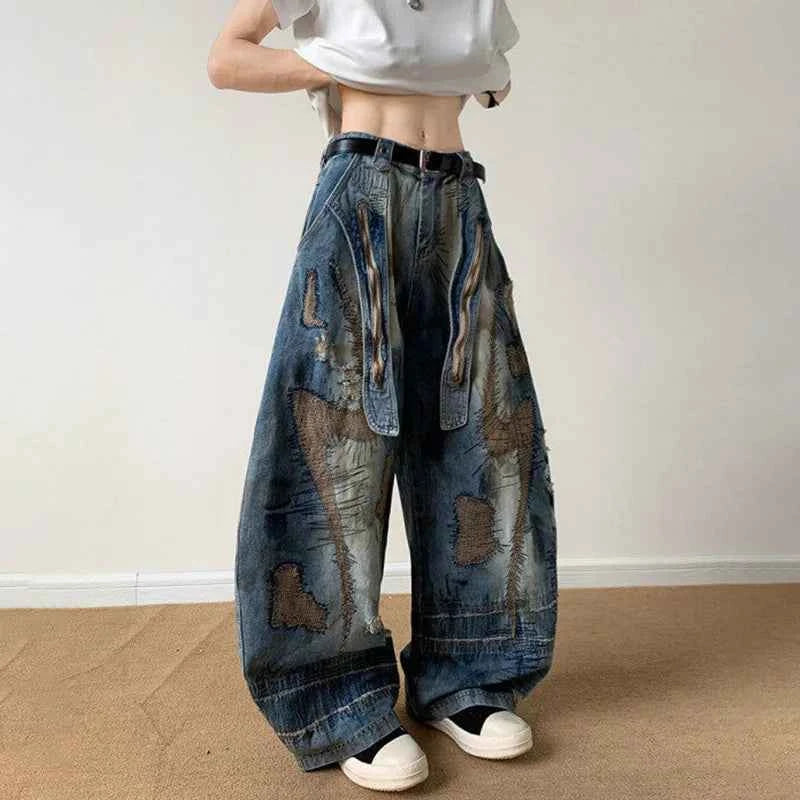 Flexible Patched Ribbon Loose Wide Leg Jeans