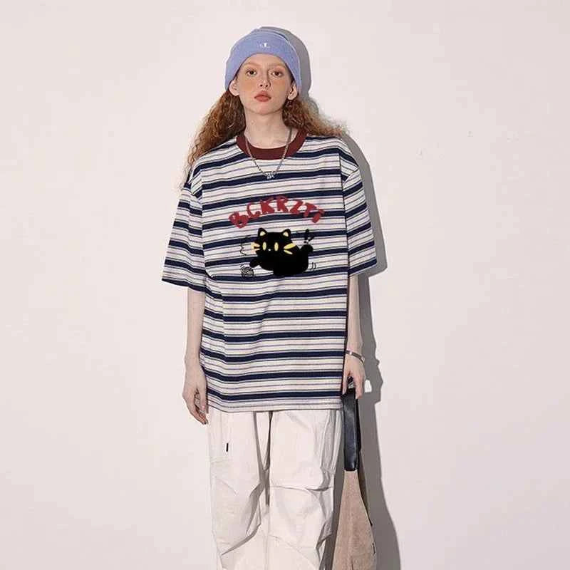 Women Retro Hip Hop Stylish Black Cat Print Striped T-Shirt