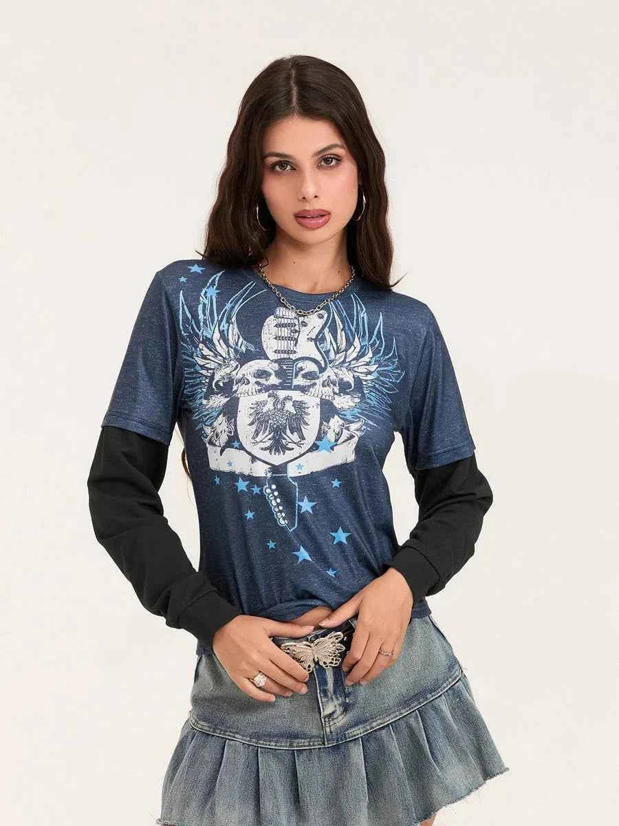 Women Patchwork Gothic Crew Neck T-Shirt