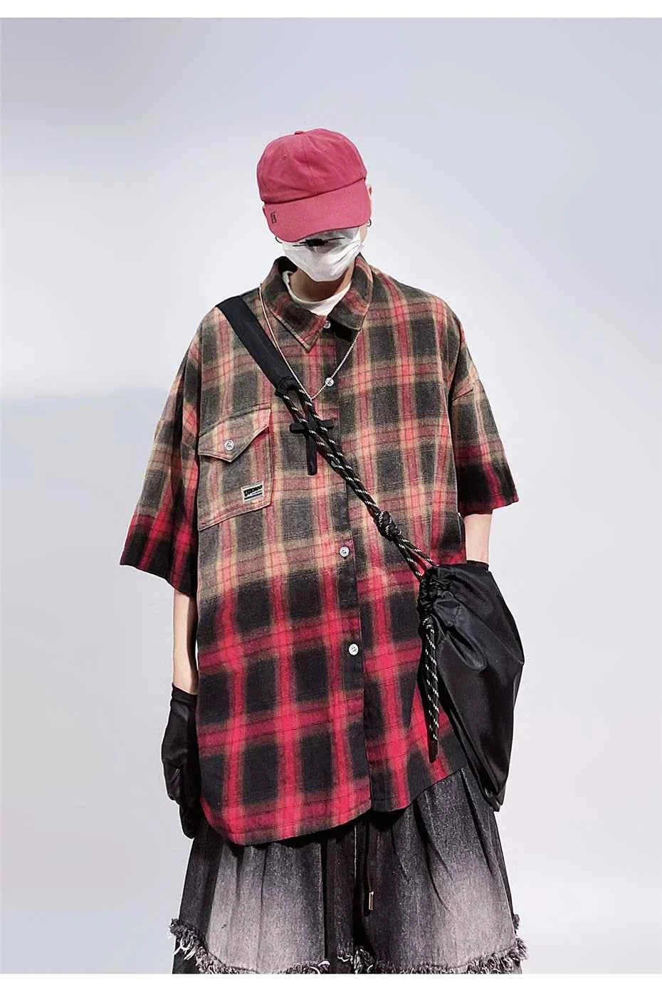 Vintage Gradient Plaid Cargo Hip Shirt