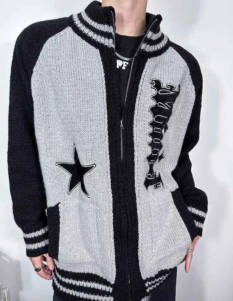 Gothic Letter Printed Star Pattern Knitted Cardigan