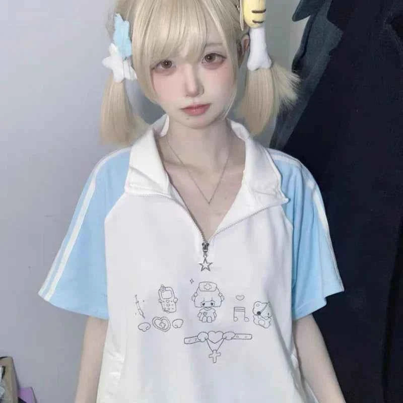 Japanese Cartoon Print Patchwork Grunge T-Shirt