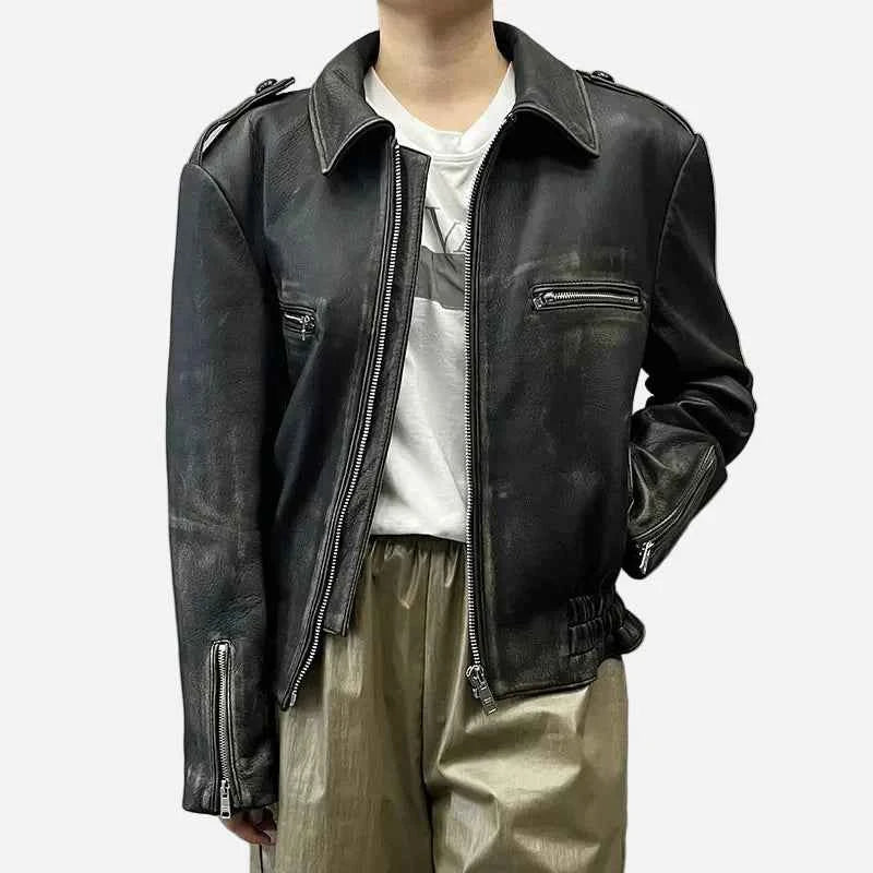 Real Sheepskin Distressed Leather Zipper Jacket