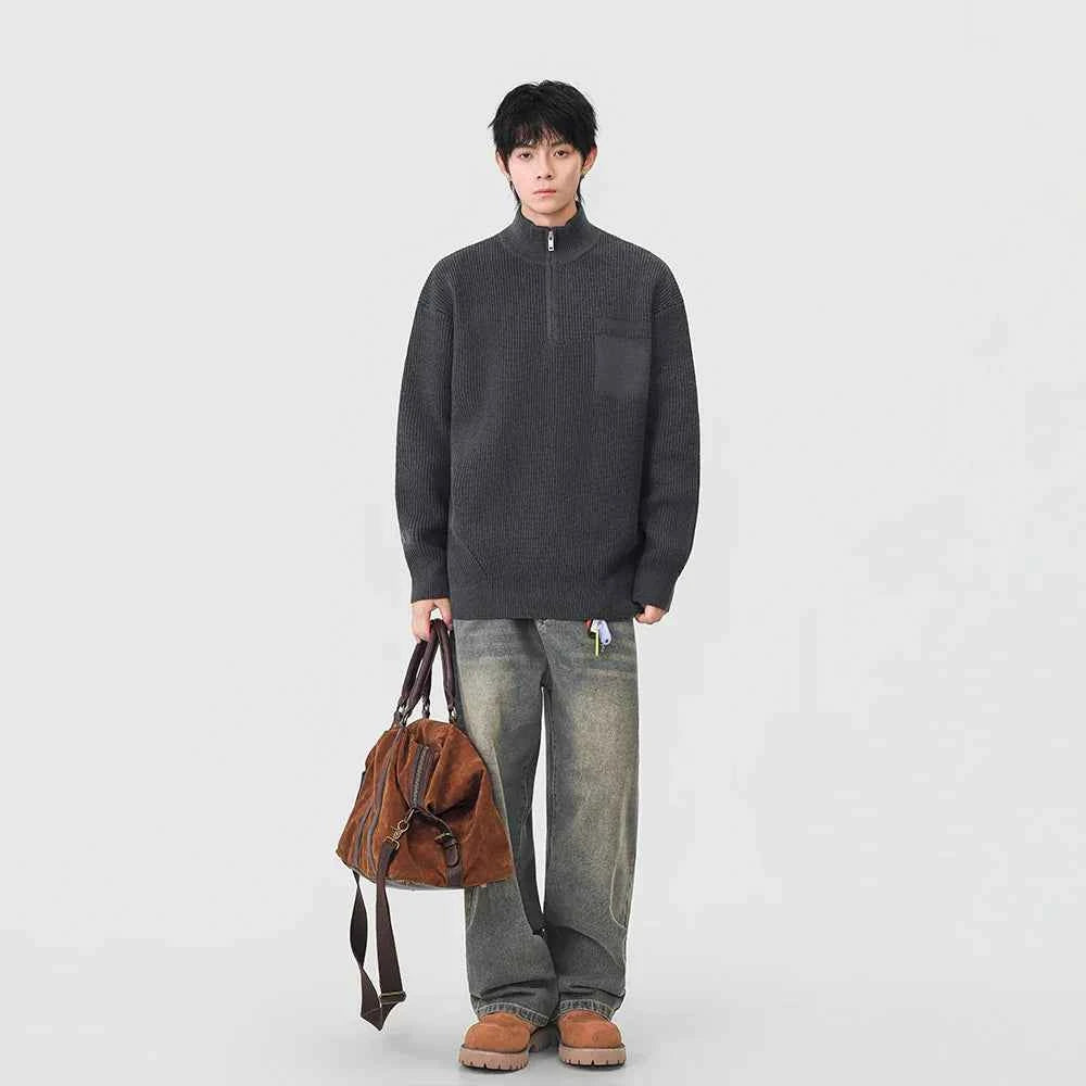Soft Ribbed Knit Mock Neck Half Zipper Sweater
