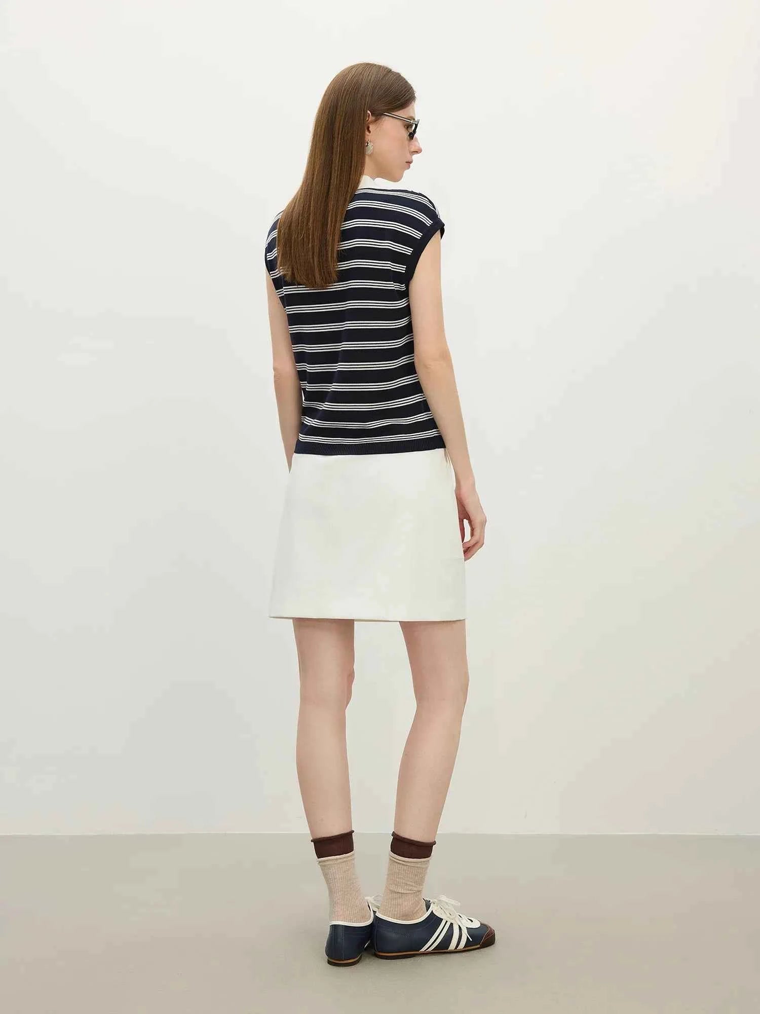 Women Casual Striped Knit Sleeveless Button Collar T-Shirt