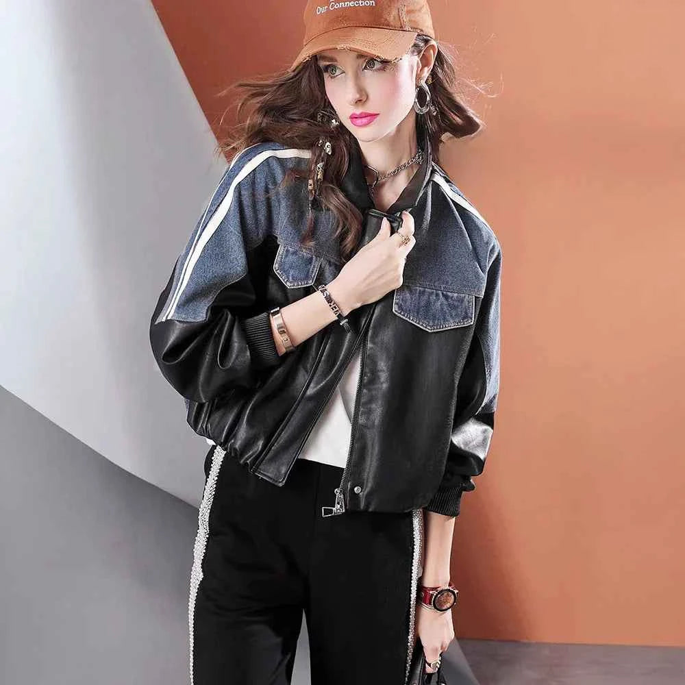 Autumn Loose Patchwork Denim & Leather Jacket