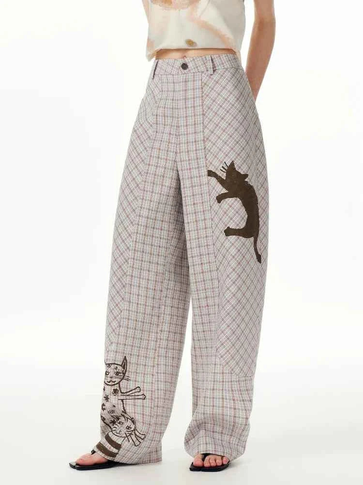 Comfort Plaid Cat Print Retro Sweatpants
