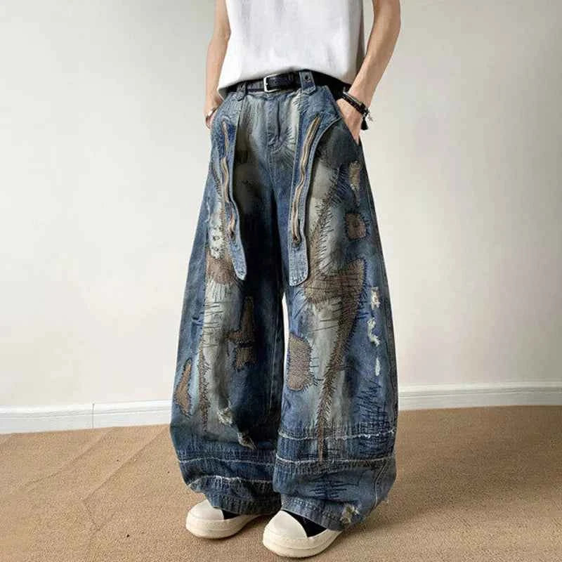 Flexible Patched Ribbon Loose Wide Leg Jeans