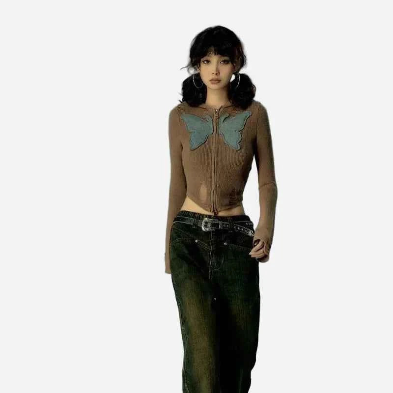 Y2K Butterfly Hole Knitted Zipper Crop Cardigan
