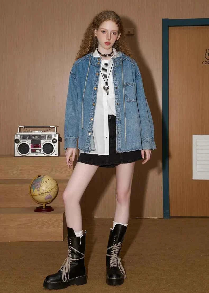 Stylish Oversized Distressed Hooded Denim Jacket
