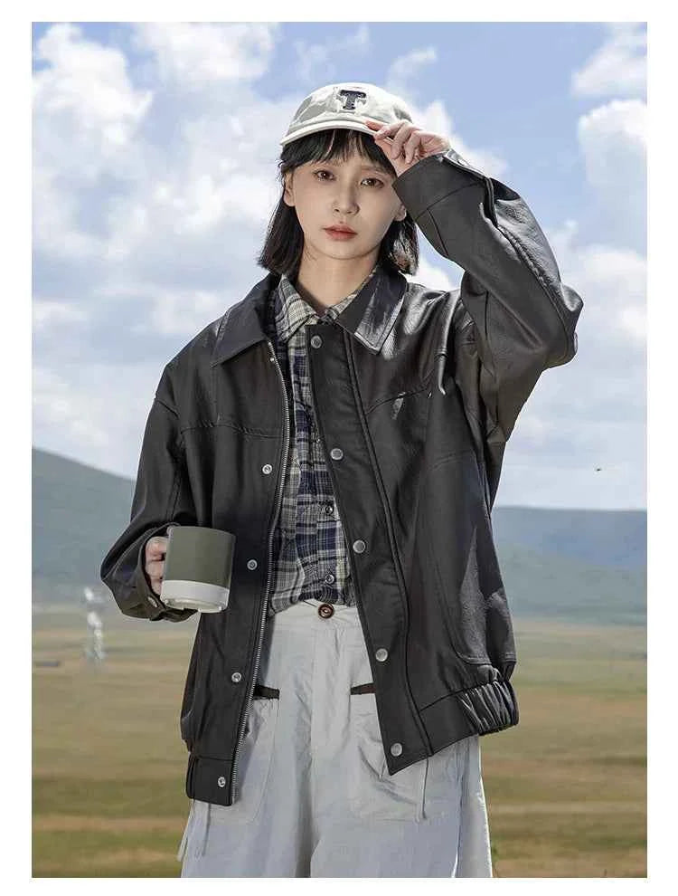 Brown Loose Casual Leather Jacket