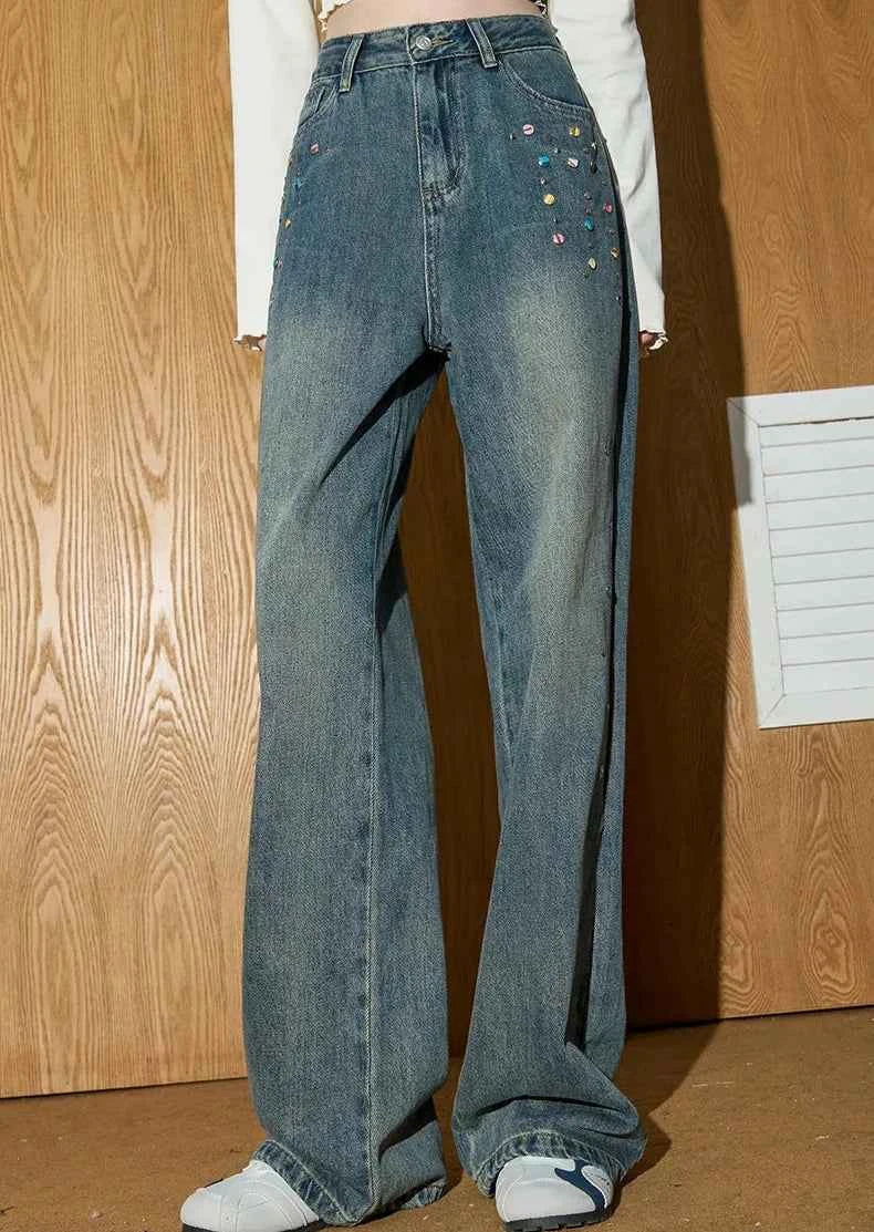 Durable Y2K Beaded High Waist Flare Jeans