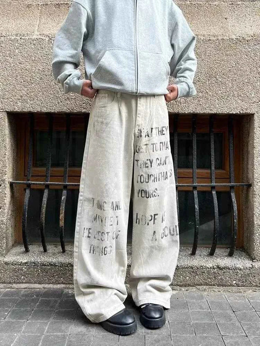 Cyber Y2K Printed White Baggy Jeans