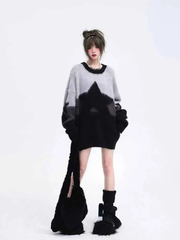 Japanese Oversized Vintage Star Embroidered Sweater