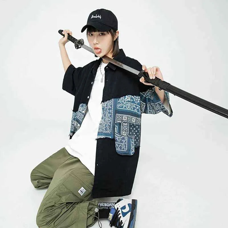 Stylish Patchwork Cashew Pattern Short Sleeve Shirt