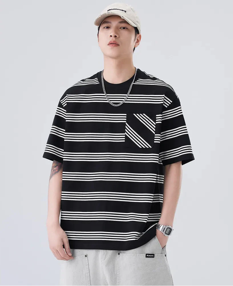 Chic Loose Fit Striped with Front Pocket T-Shirt - Luxuryurbanwear