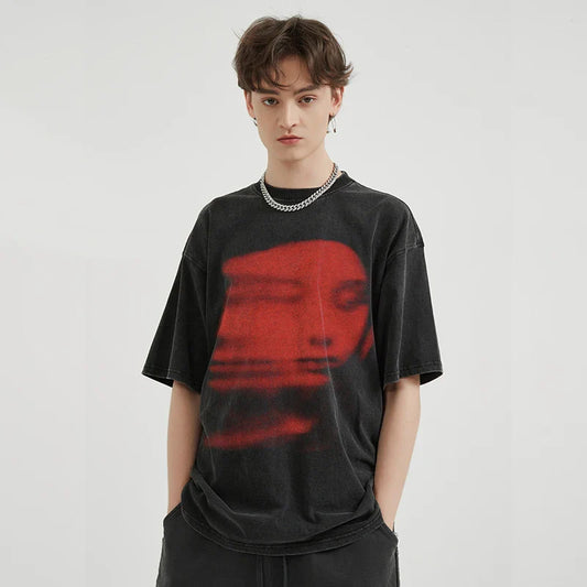 Blurry Red Face Graphic Loose T-Shirt