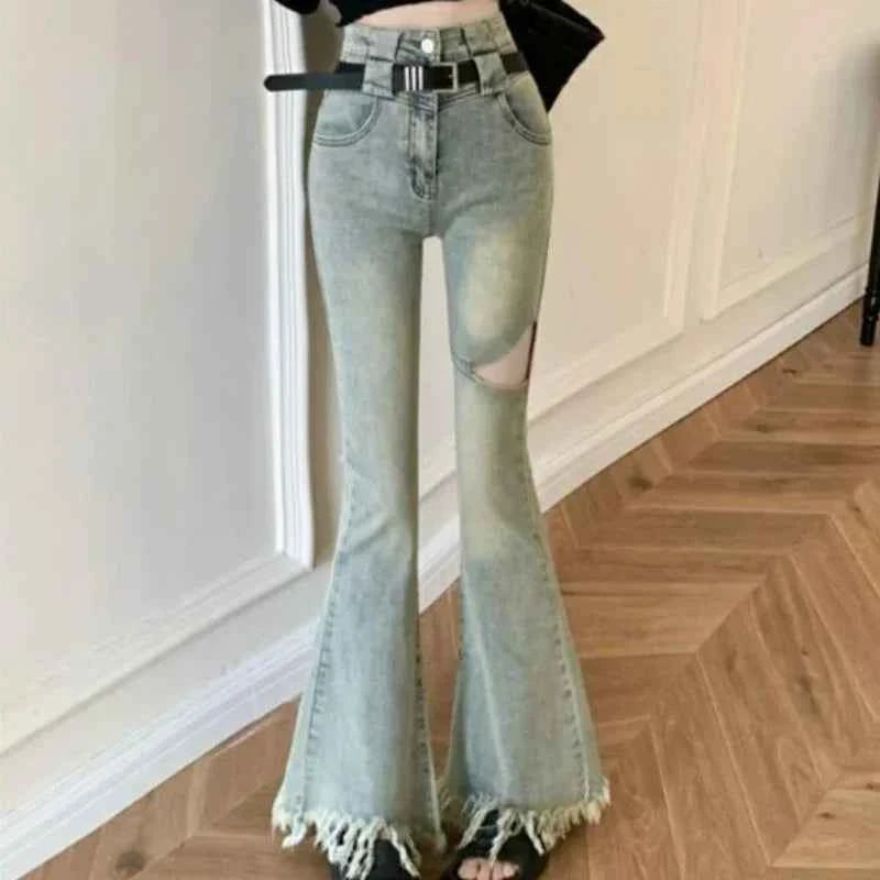 Women High Waist Tassel Denim Flare Jeans