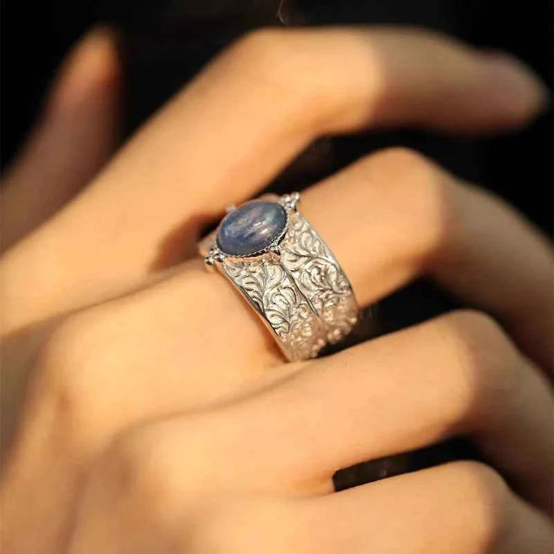 Blue Stone Leaf Flower Silver Ring