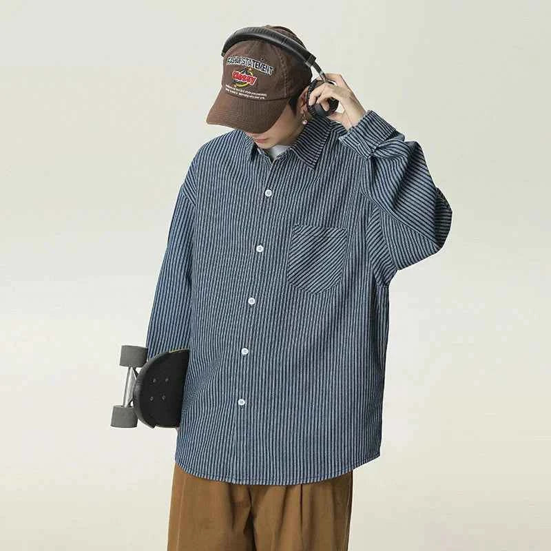 Stylish Oversized Blue Striped Denim Shirt