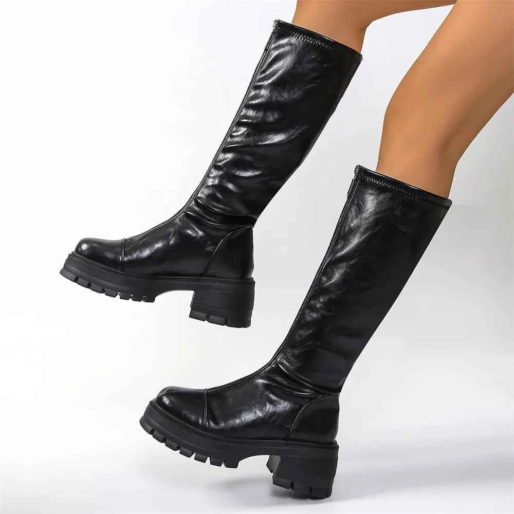 Gothic Front Zipper Knee High Leather Boots