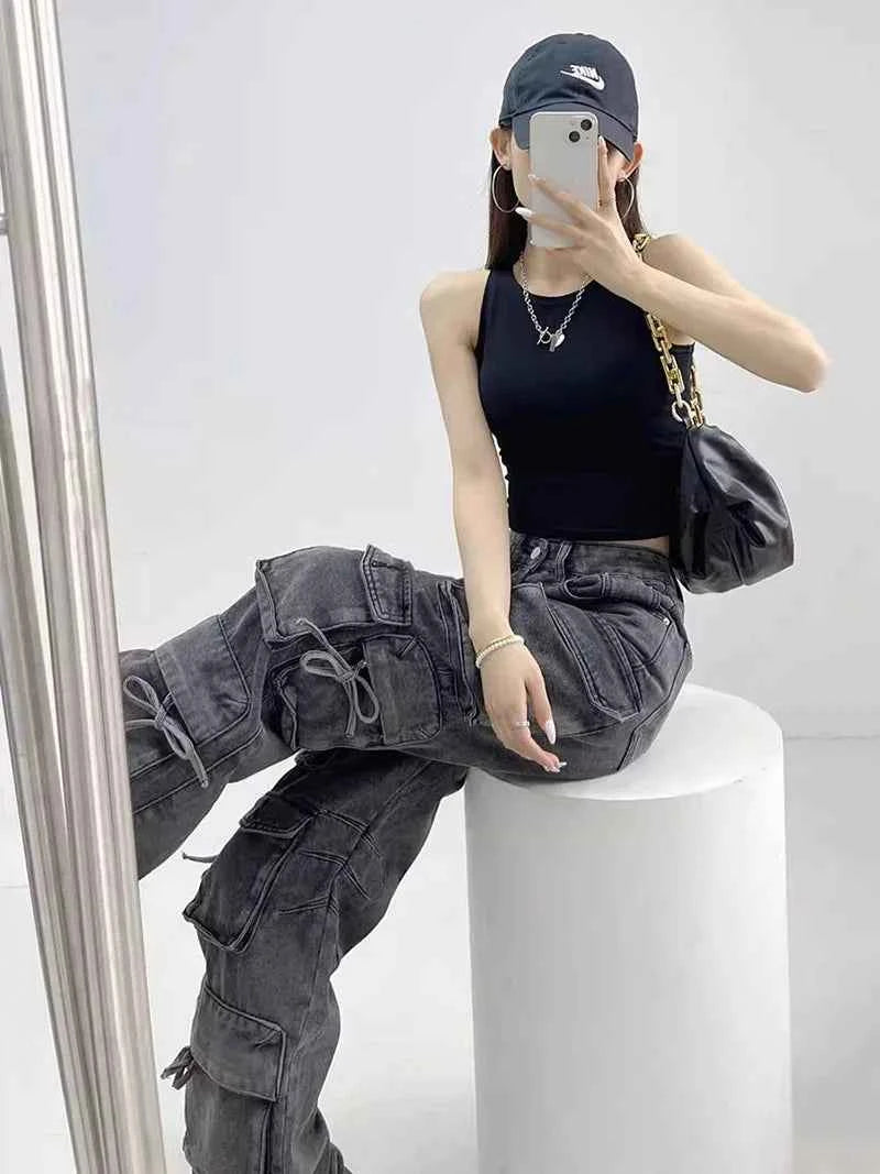 Vintage Wash Bandage High Waist Jeans