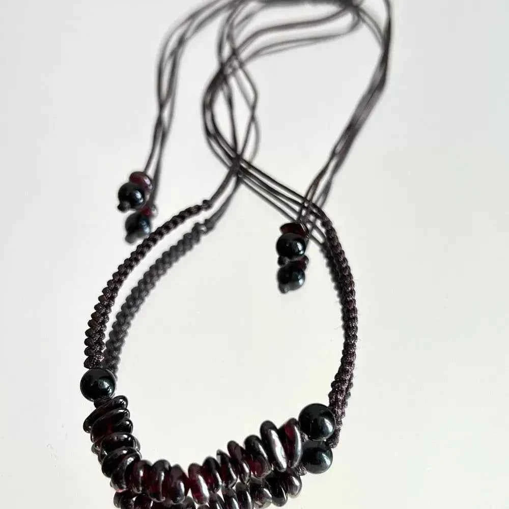 Black Stone Pendant Hand-Woven Rope Necklace