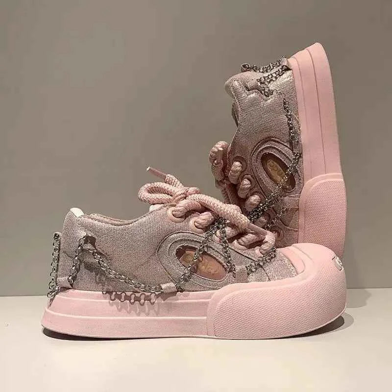 Women Pink Chain Smiling Canvas Sneaker